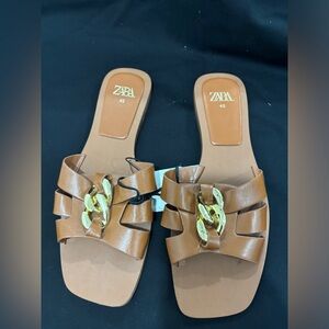 Zara Chain Trim Low Heeled Sandals Size 9 Eur 40